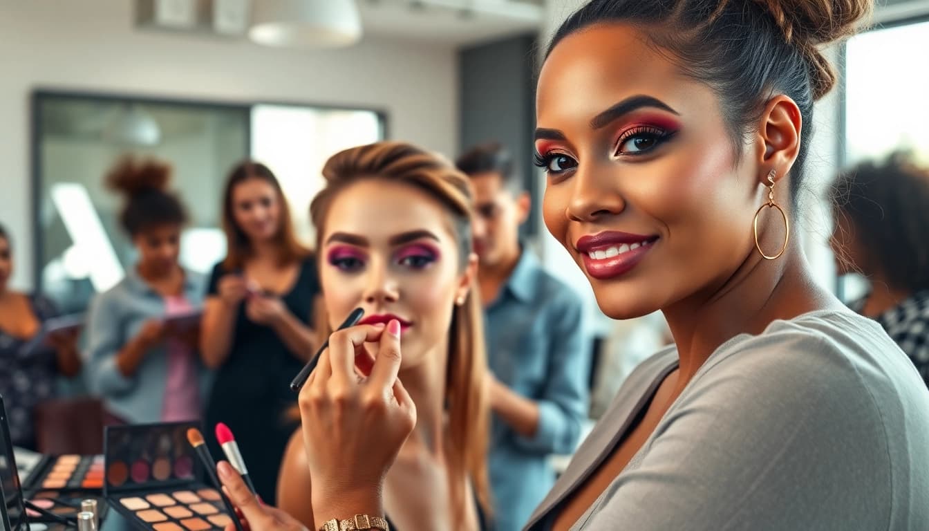 Engaging makeup courses taught by a professional artist in a vibrant studio setting.