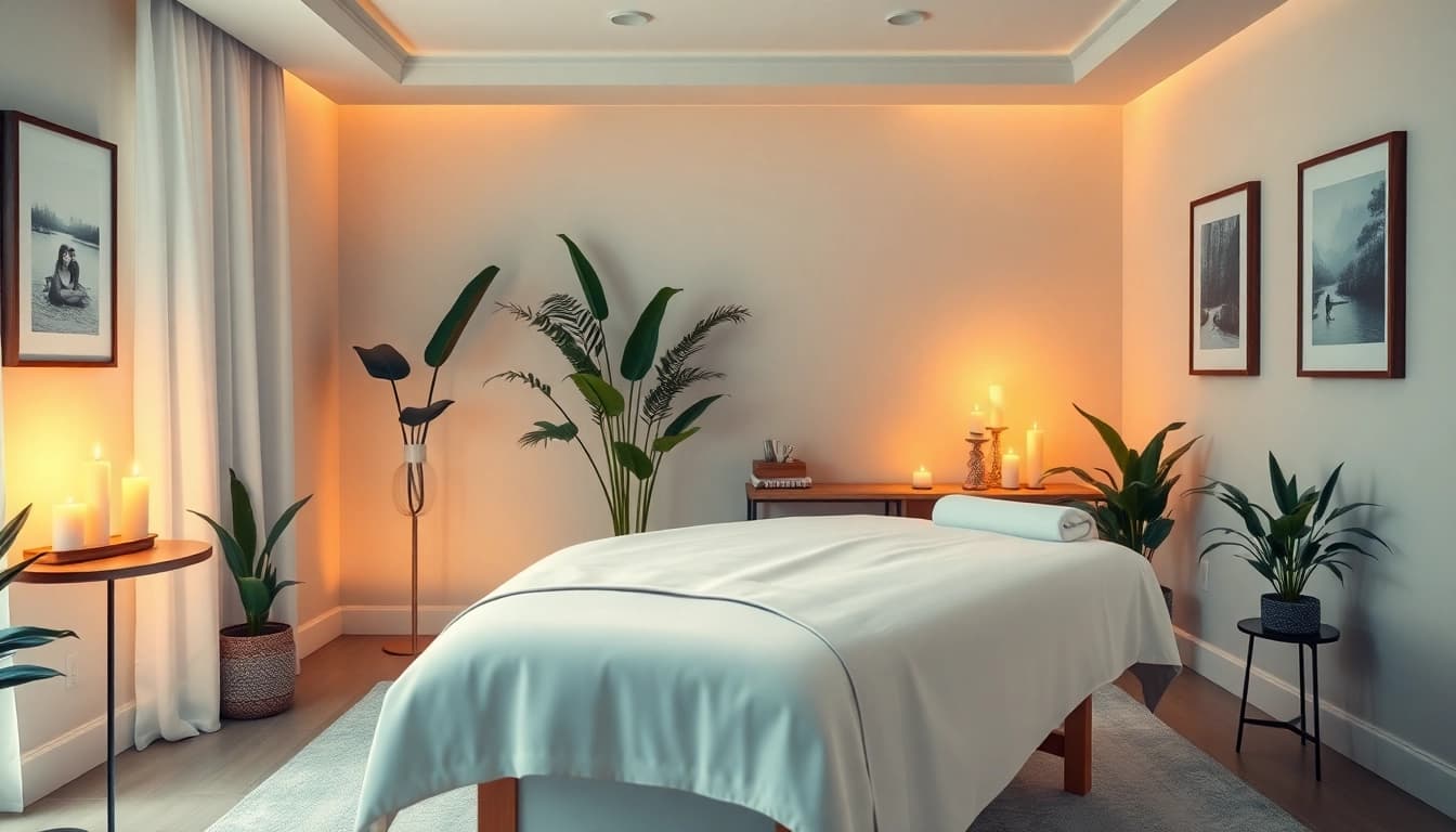 Tranquil scene of a professional 출장안마 service setup with a massage table and ambient lighting.