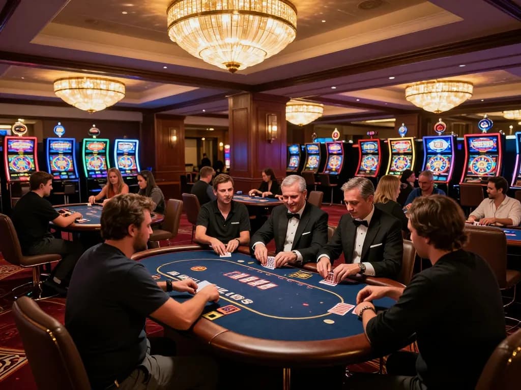 tv88 players enjoying dynamic poker games at a vibrant casino, highlighting excitement and strategy