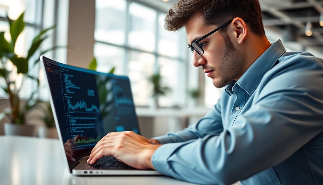 Analyze das 140 technology on a laptop in a professional workspace filled with natural light.