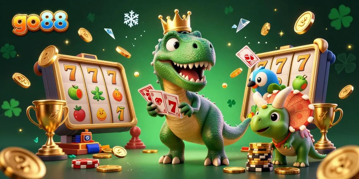 Engage with go 88 casino fun featuring a T-Rex shuffling cards and a baby triceratops stacking chips.