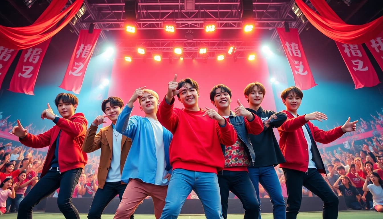BTS members perform energetically on stage, showcasing their vibrant personalities.