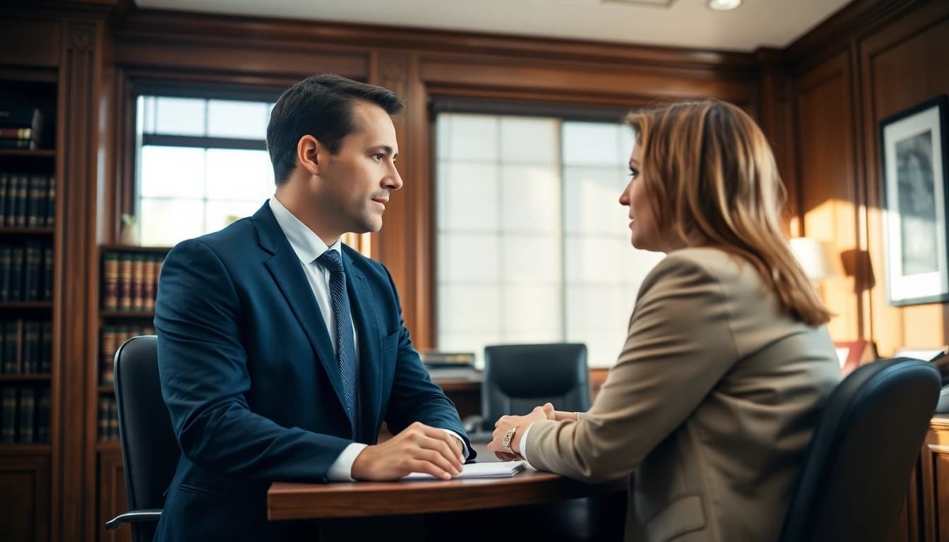 Engaged Asheville DWI defense lawyer consulting with a client in a professional office.