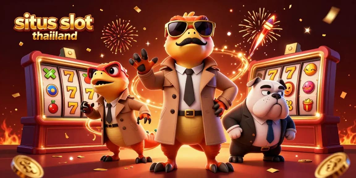 Situs slot thailand presents a vibrant casino scene with raptors in disguise, showcasing playful slot gaming elements.