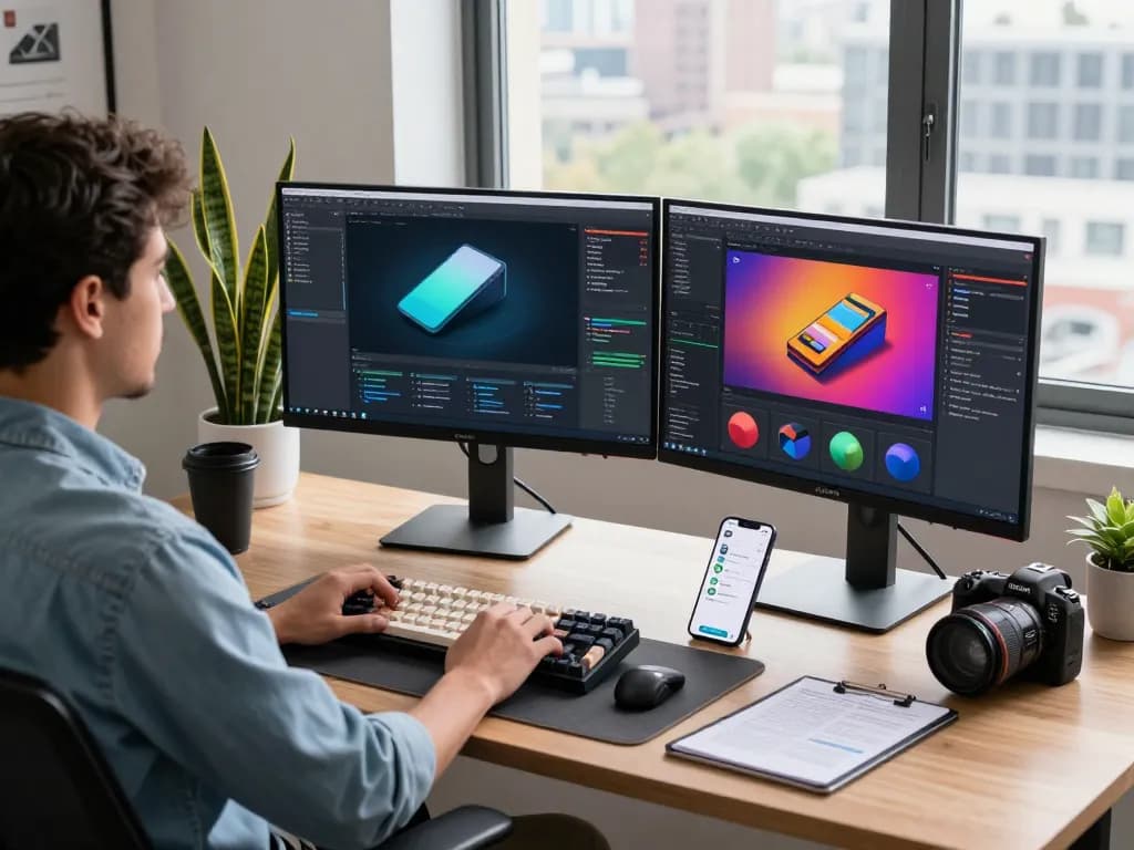 Developer using 3D product configurator software at a modern workspace.