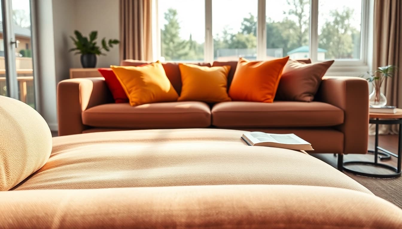 Relax on a stylish sofa bed with vibrant cushions, set in a cozy modern living room.