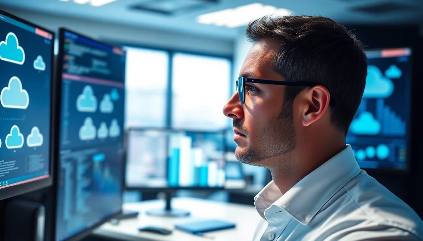 Explore cloud migration services, showcasing an IT specialist engaged in data migration analysis.