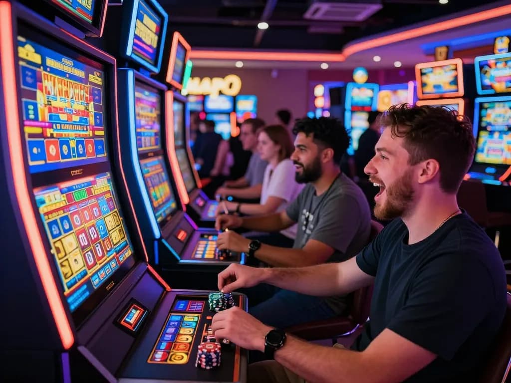 Pemain yang bersemangat menang di mesin slot gacor hari ini di tengah cahaya kasino yang berwarna-warni.