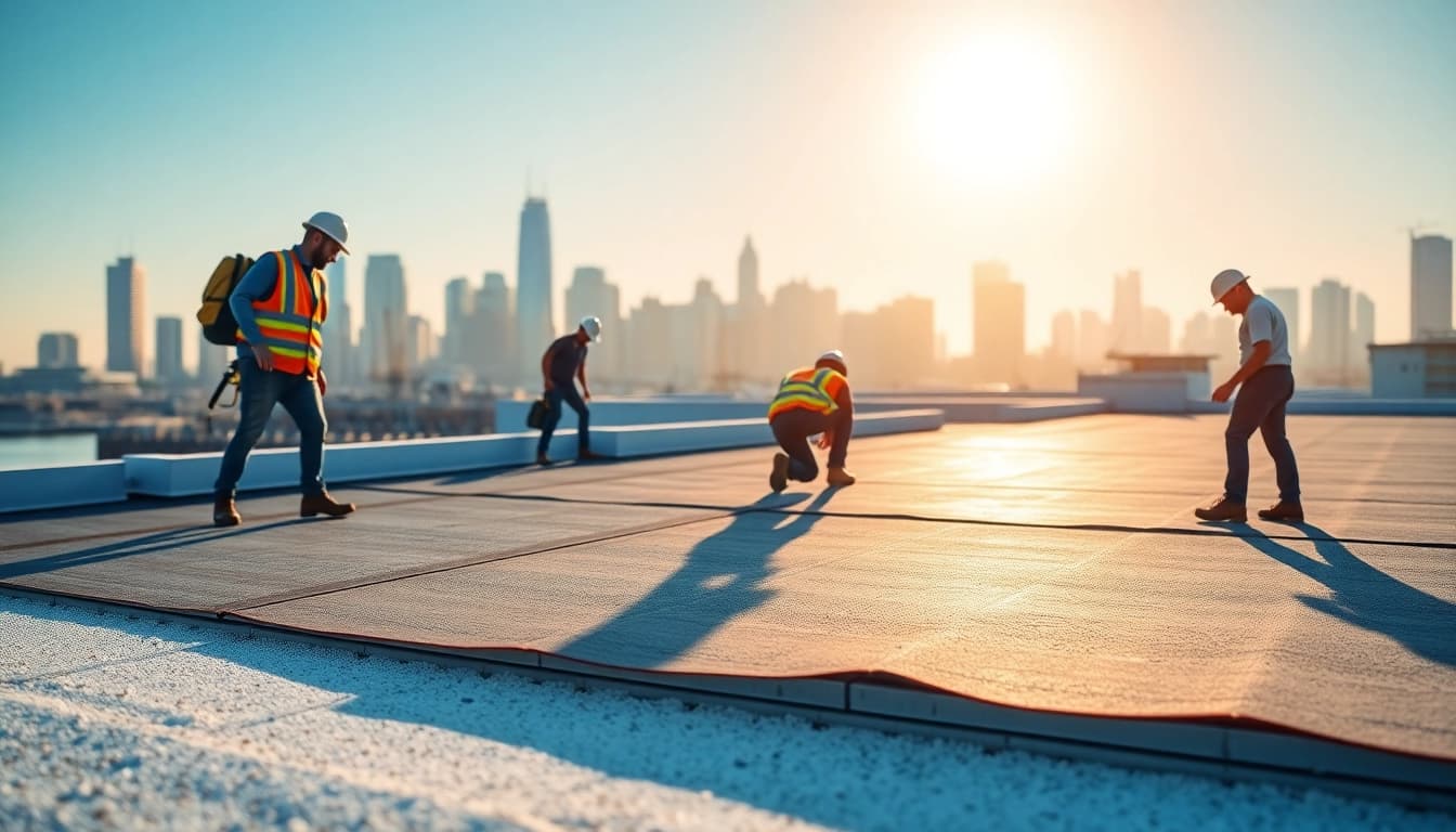 Commercial flat roofing installation in progress under bright sunlight, showcasing TPO roofing material.