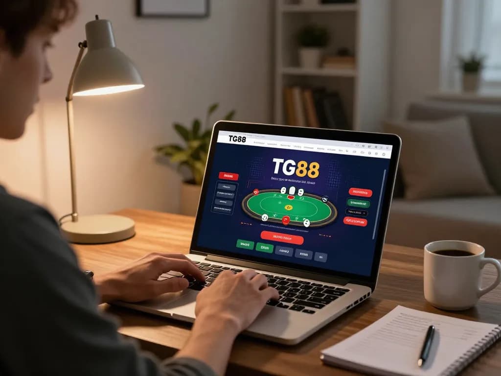 Tg88 user engages with poker game on laptop in cozy home setting, highlighting strategic online gambling.
