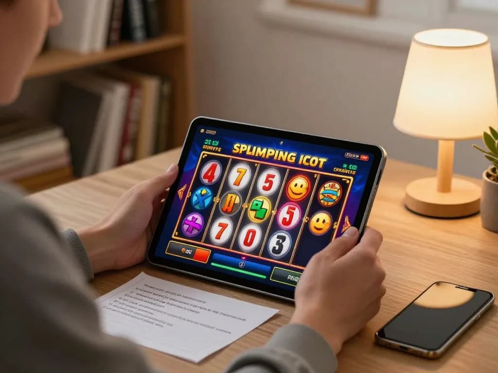 Player enjoying slot deposit 2rb game on a tablet, highlighting a vibrant interface and strategic notes.