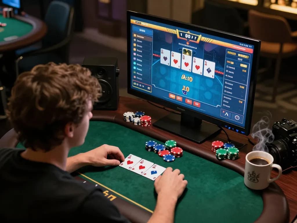 manclub player immersed in an online poker game, surrounded by gaming essentials in a cozy home setting