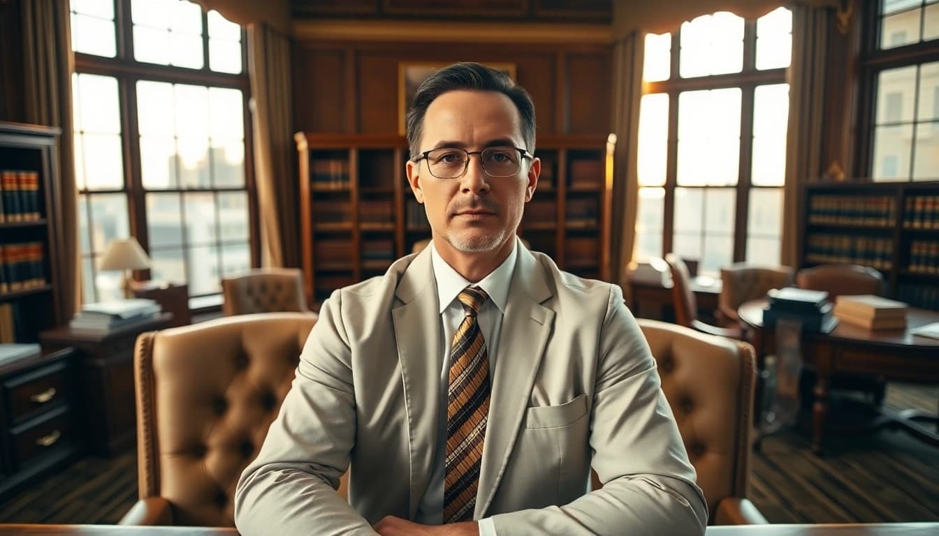 Engaging portrait of a Houston Injury Attorney in a law office, exuding professionalism and approachability.