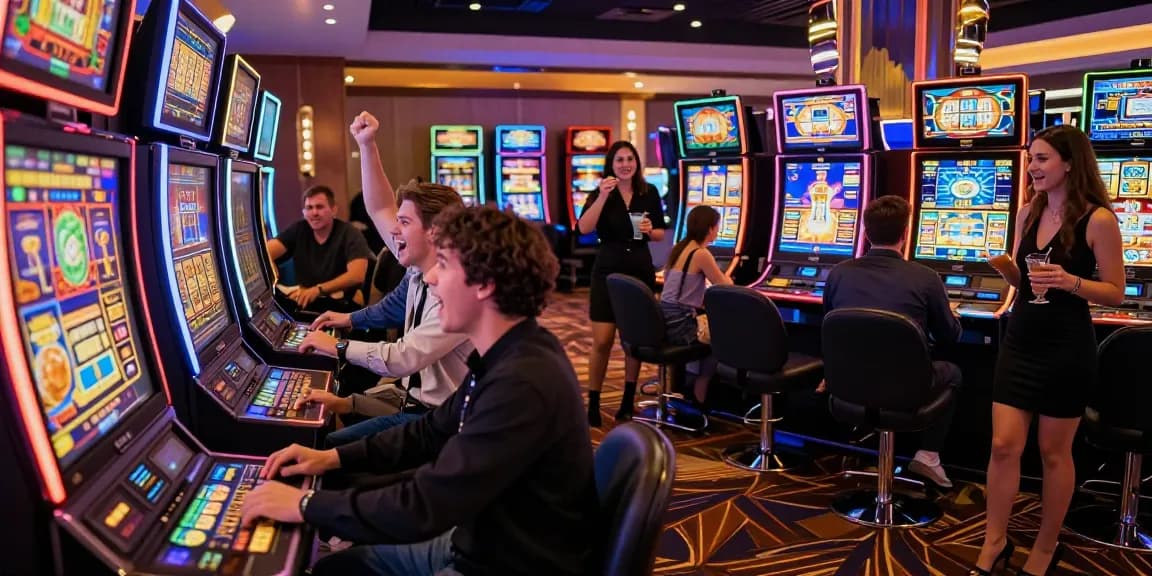 Excited players enjoying pragmatic slot machines at a vibrant casino floor.