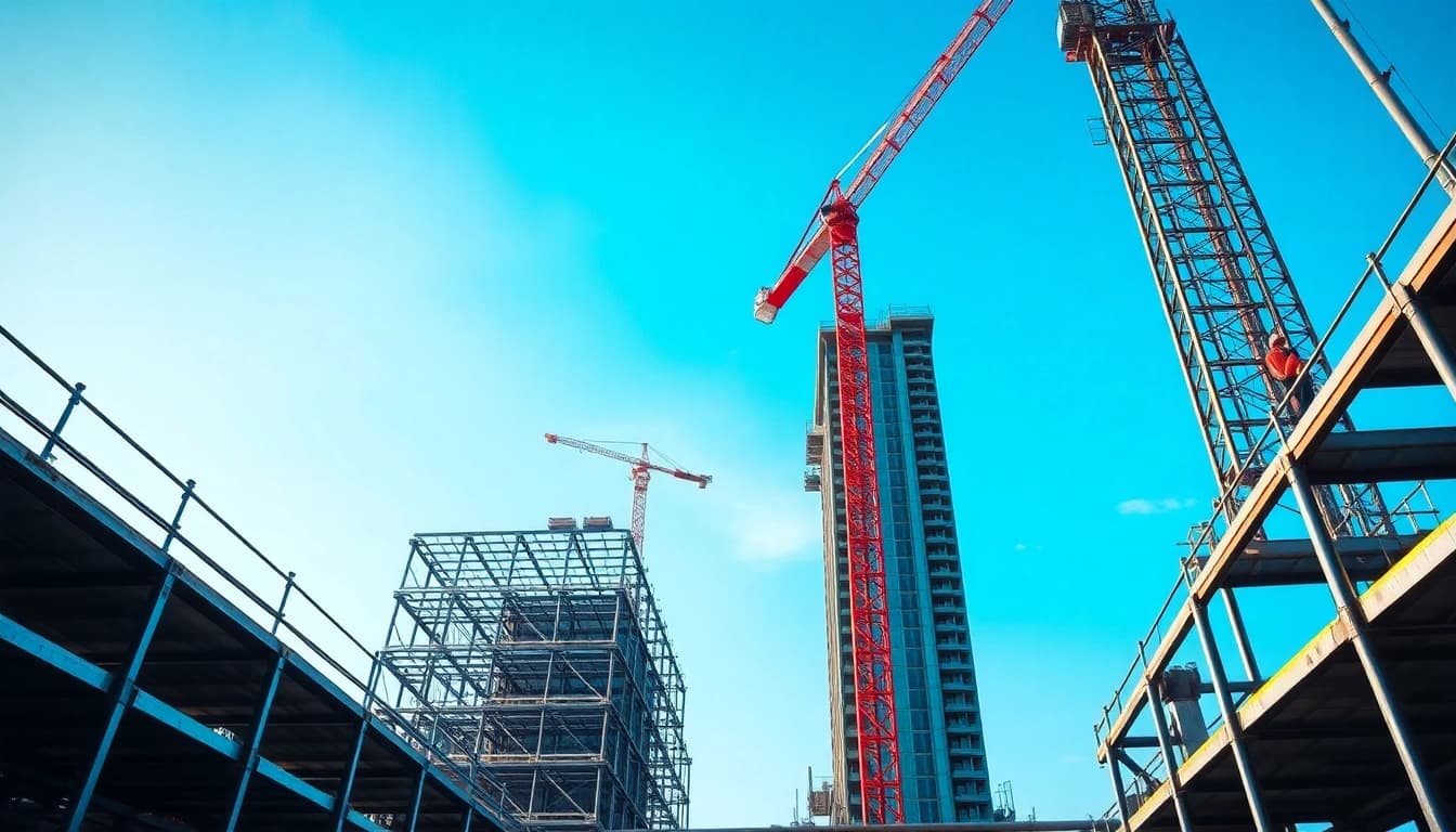 Workers engaging in structural steel construction, showcasing teamwork and innovation.