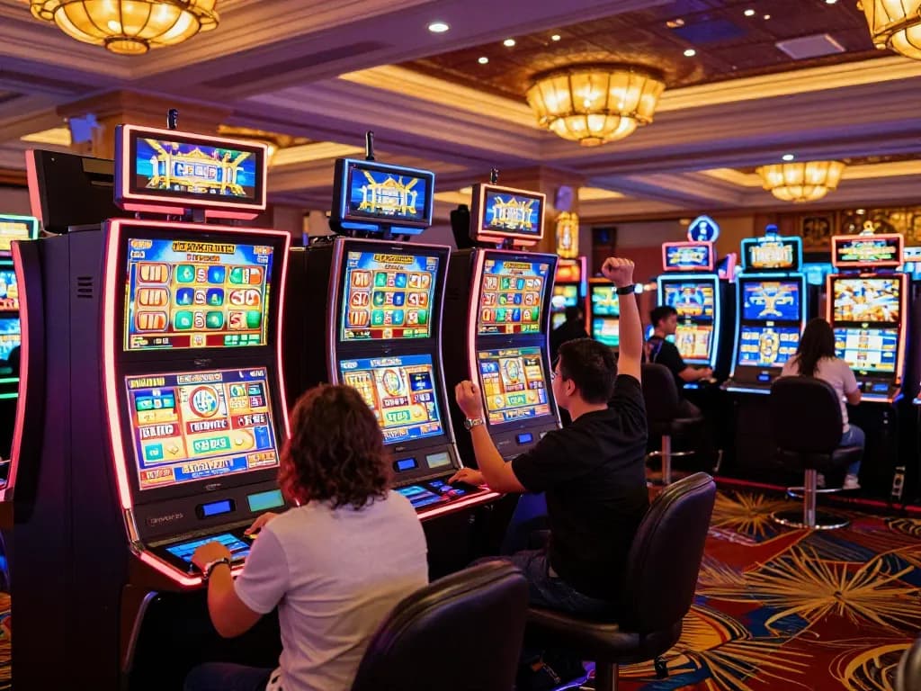 Players enjoying link slot machines with vibrant colors and animated displays in a lively casino atmosphere