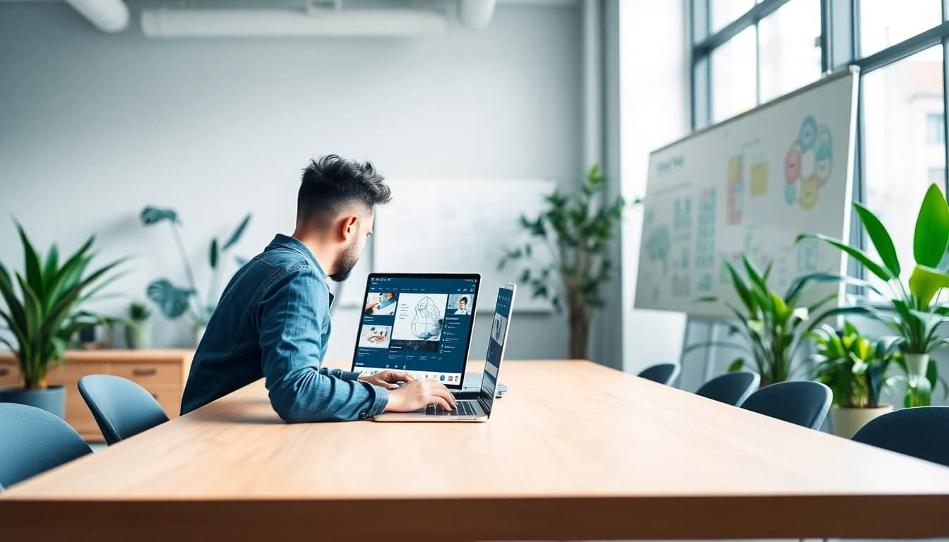 Creating stunning Website Design Hereford with a professional designer in a bright office.