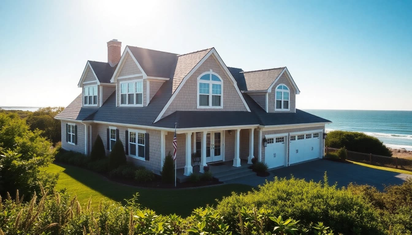 Cape Cod home with an attached garage features beautiful landscaping and coastal views.