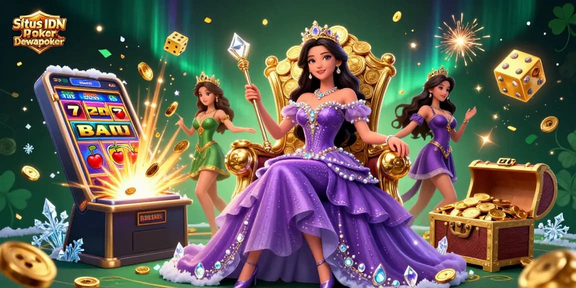 Situs IDN Poker Dewapoker showcases an enchanting poker scene with a jewel-studded princess surrounded by casino elements.