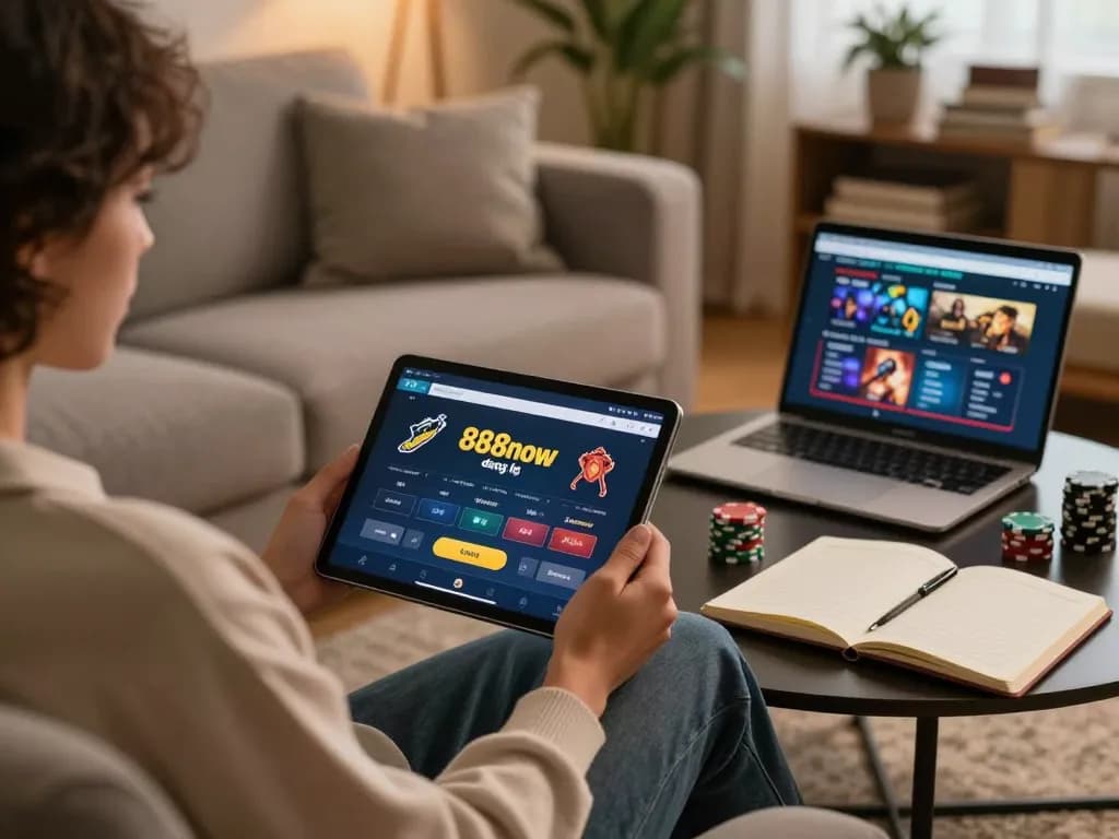 Engaging in online gambling with 888now đăng nhập on a tablet in a cozy living room.