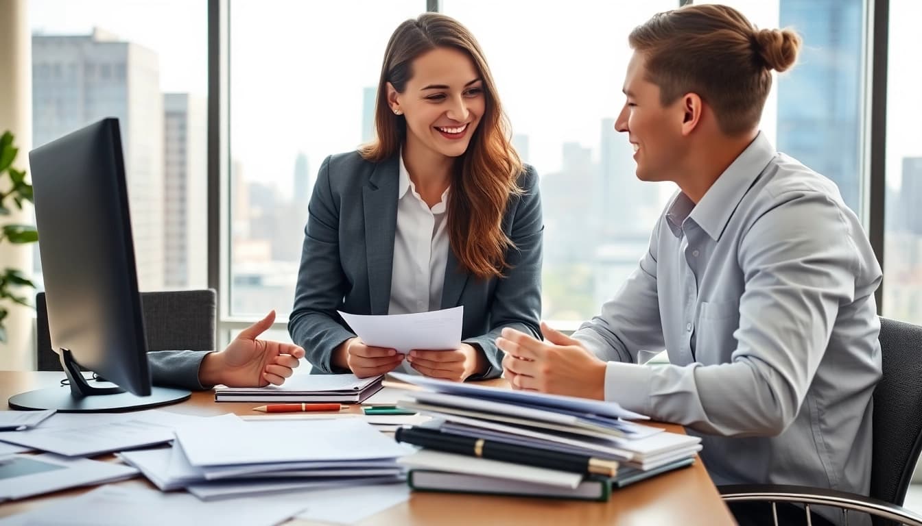 Career consultant advising a young professional in a bright office setting.