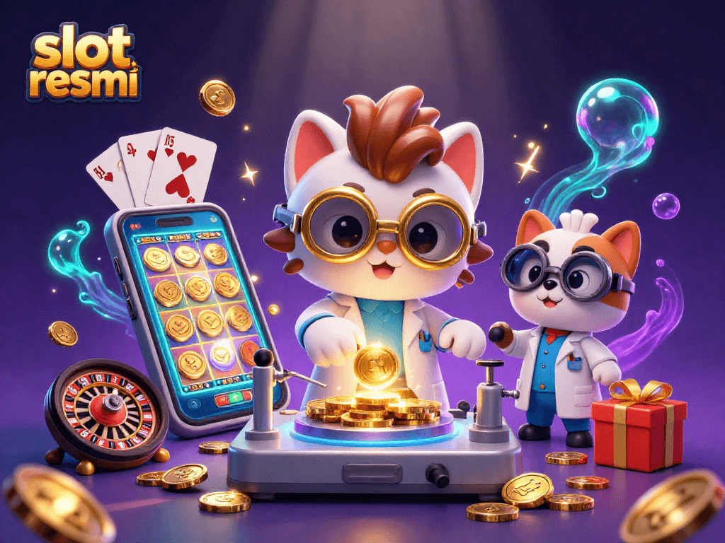 Engage with slot resmi, featuring a vibrant 3D illustration of a cat and dog duo creating a gold-coin machine amid a dynamic casino scene.