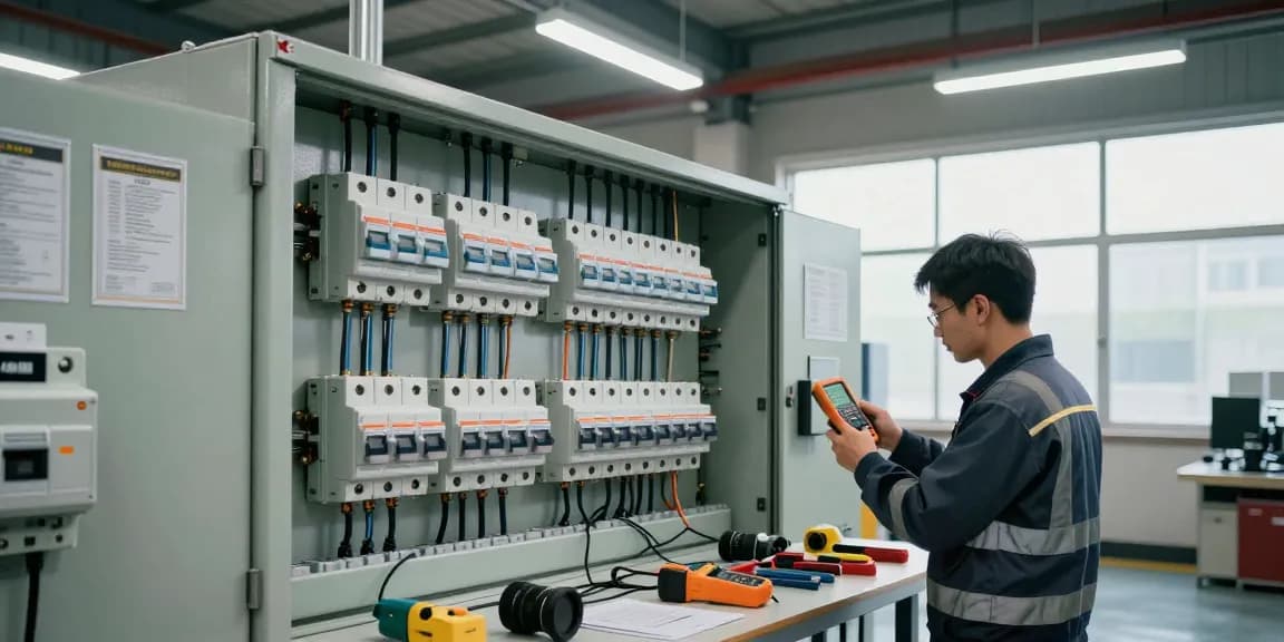 DC circuit breaker panel with technician inspecting safety connections in industrial setting