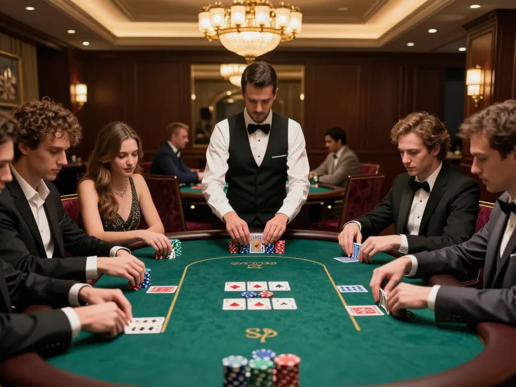 Players at a high-stakes poker table strategizing their moves at 5699 casino.