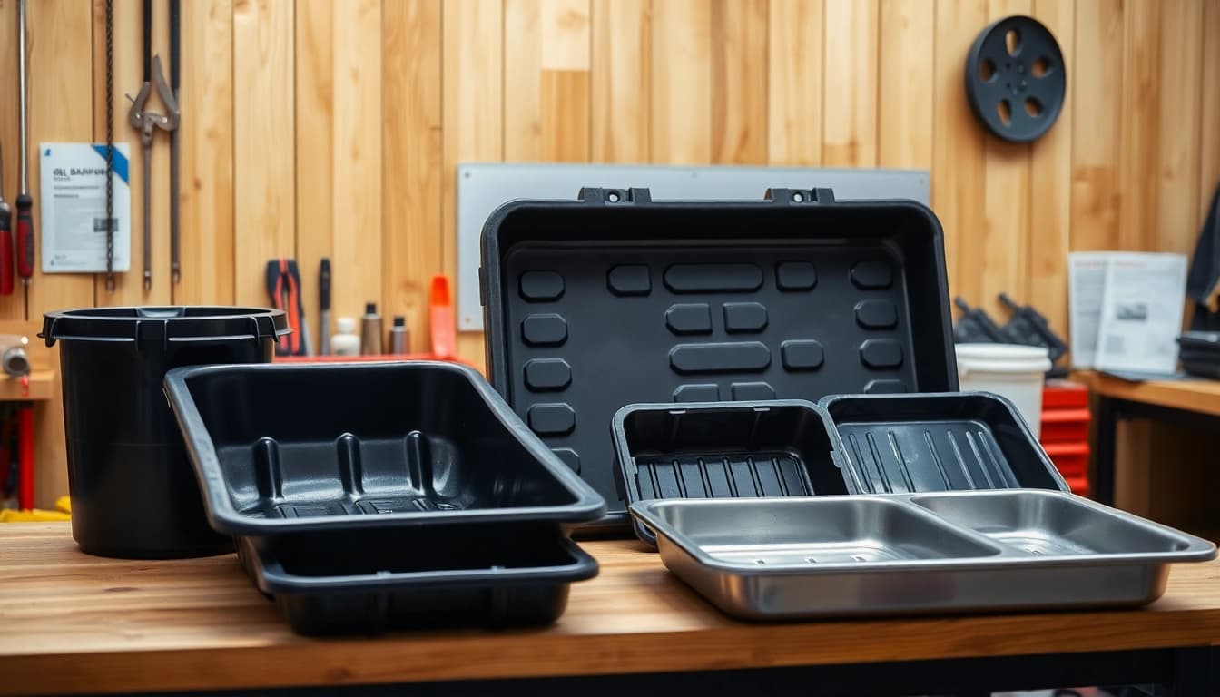 Oil Drain Pan selection displayed in a workshop emphasizing cleanliness and usability.