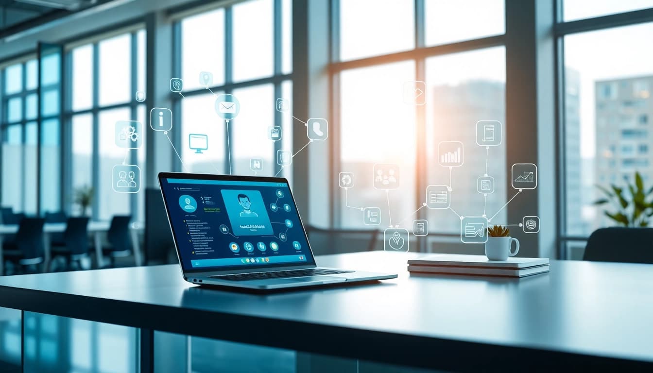 Enterprise AI assistant interface in a modern office, showcasing efficient automation and communication.