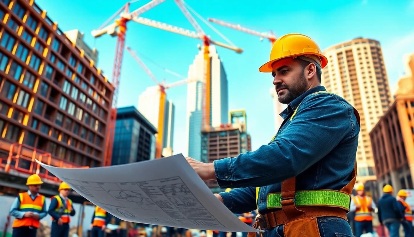 A New York City General Contractor actively managing a dynamic construction site amid urban architecture.