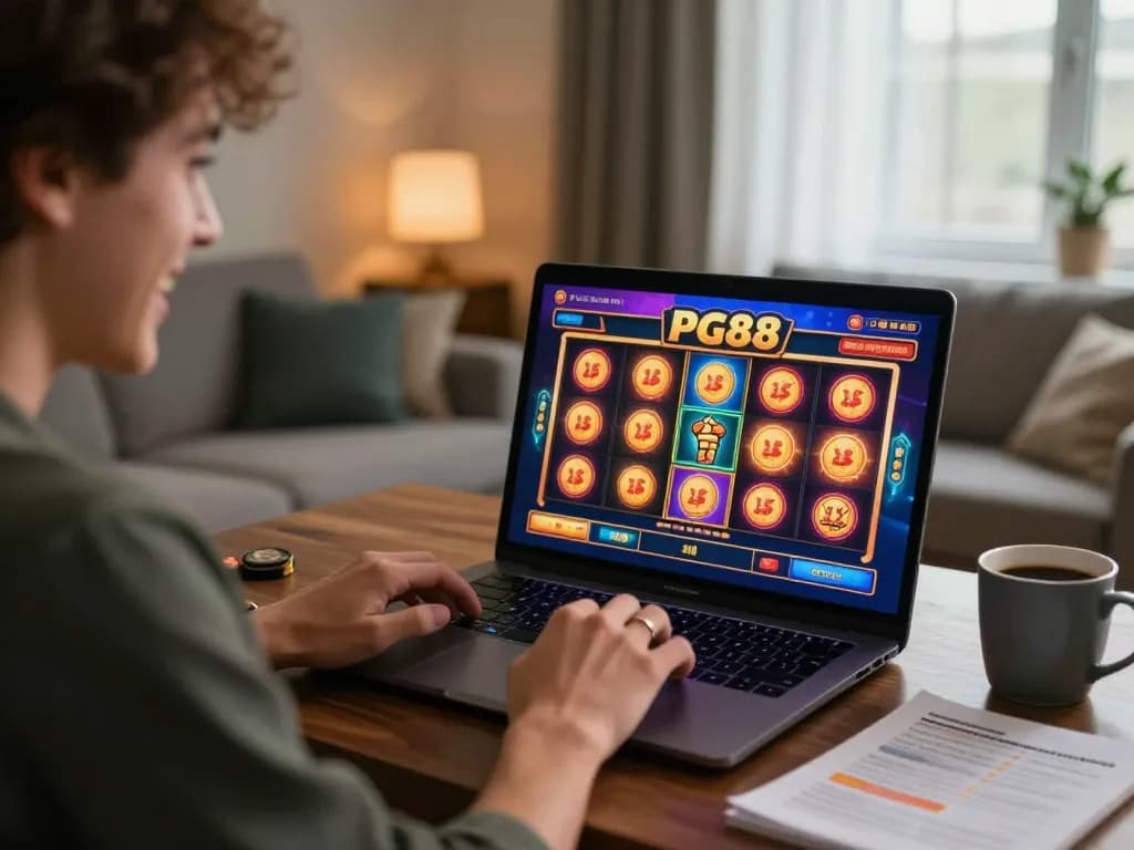 Player engaging with PG88 slots on laptop, showcasing modern online gambling experience at home