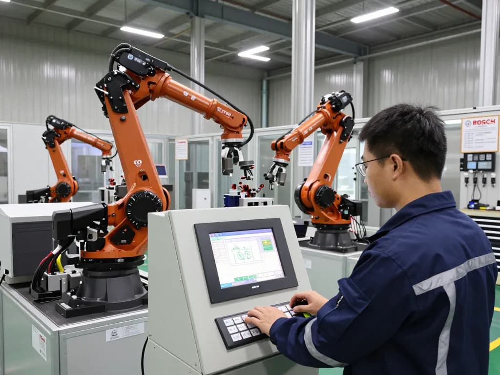 Bosch rexroth technician programming machinery in a modern factory setting