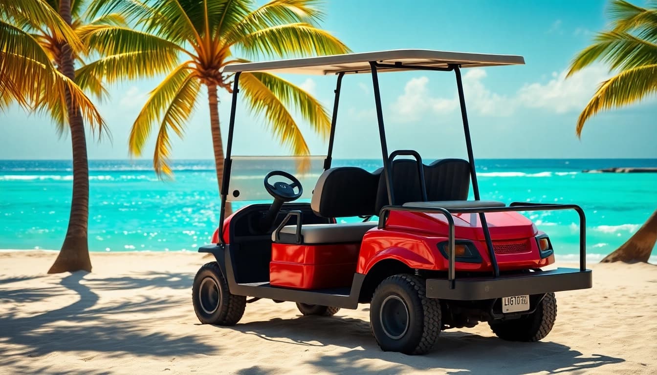 Experience exceptional San Pedro Belize Golf Cart Rental amidst a picturesque beach landscape.