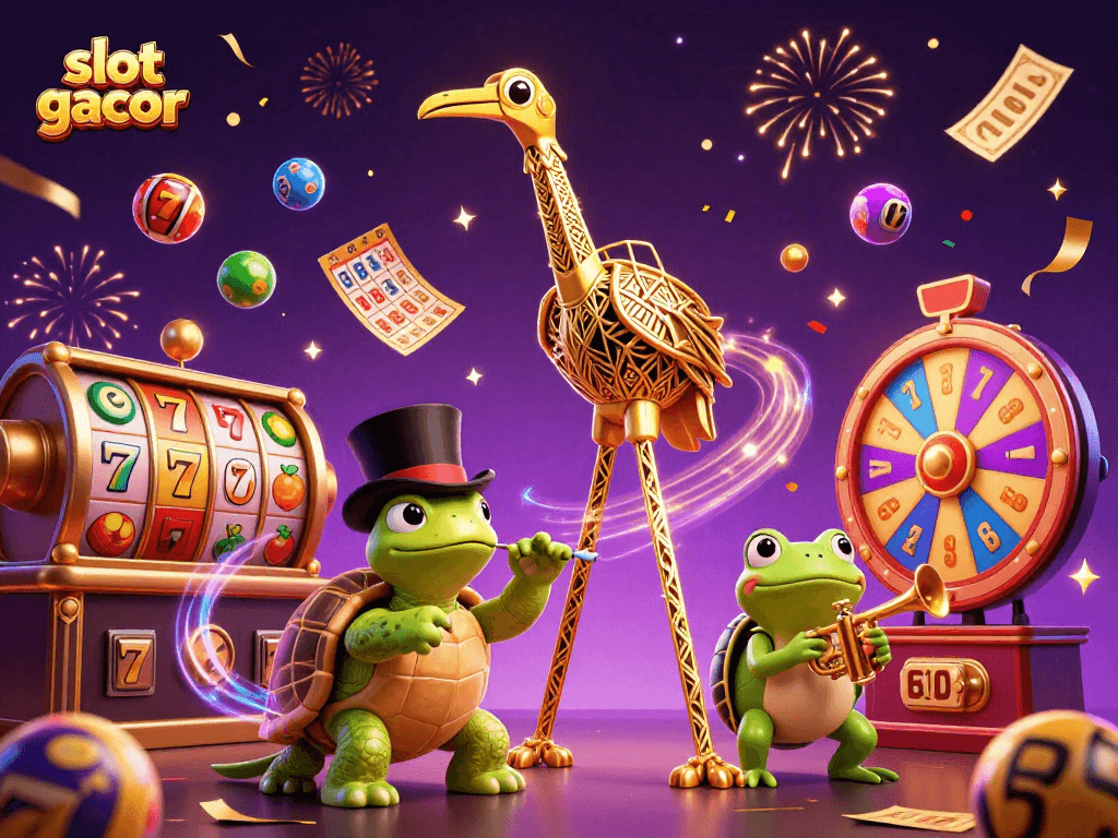 Memenangkan slot gacor dengan penampilan menarik dari crane, kura-kura topi, dan katak di kasino.