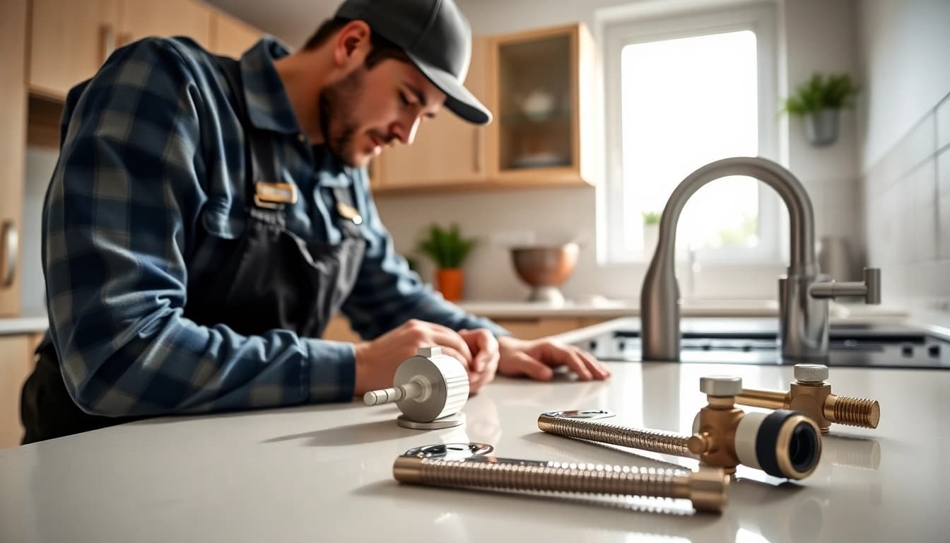 Plumbers Knightdale fixing a plumbing issue in a well-lit kitchen.