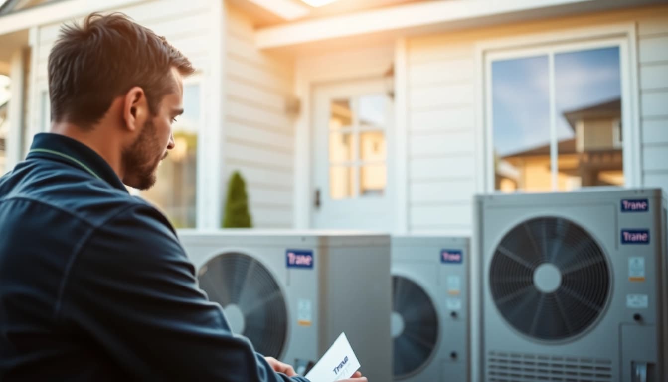 Technician servicing Trane heat pumps in a modern home, showcasing reliability and professionalism.