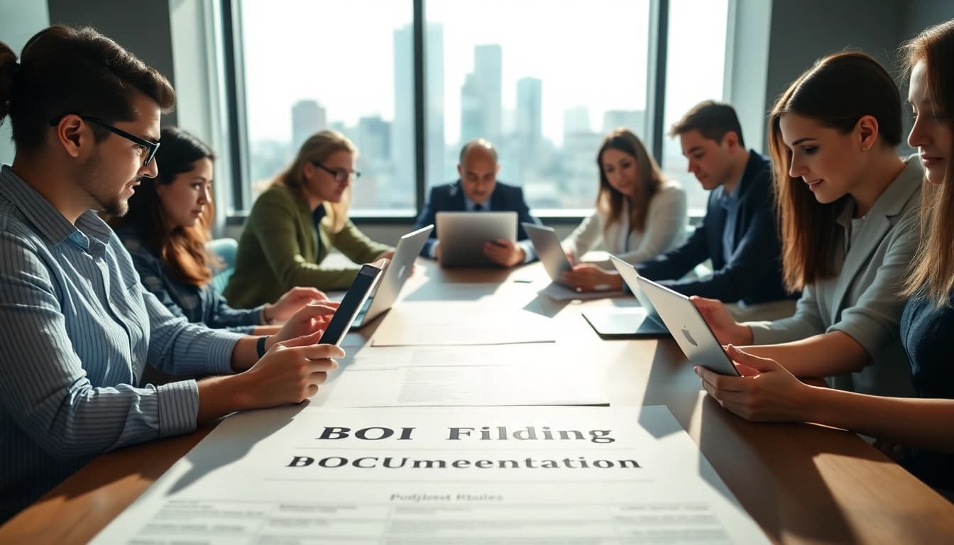 Individuals engaged in BOI filing tasks in a collaborative workspace, illustrating professionalism and focus.