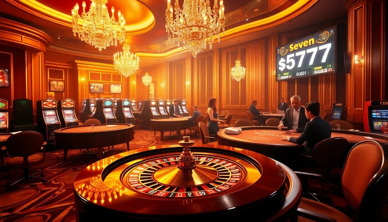 Experience seven77 winnings at a luxurious casino with tables, enchanting lighting, and thrilling atmosphere.