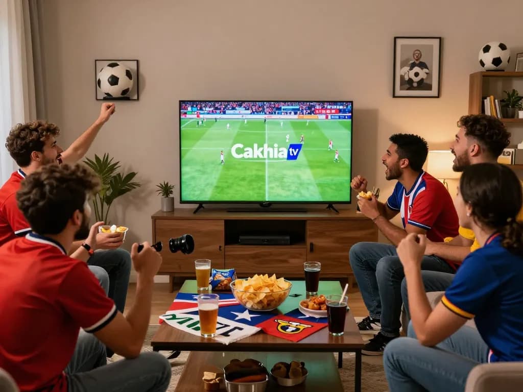 Cakhia tv enthusiasts enjoying a live football match in a vibrant, lively living room setting.