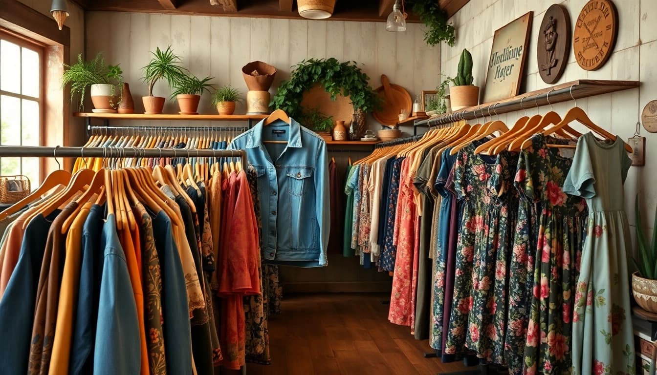 Shop unique vintage treasures at https://thrift-vintage.com/ with an inviting store display of colorful garments.
