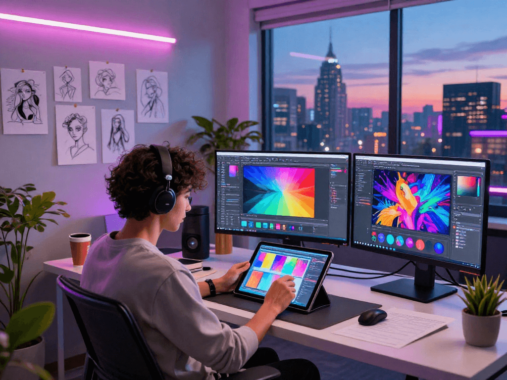 AI porn content creation in a modern digital art studio
