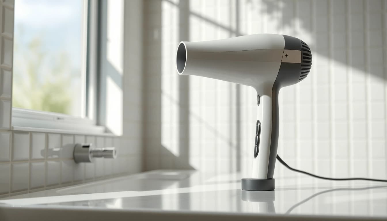 Frizzy hair dryer rests on a countertop in a bright bathroom, highlighting its design.
