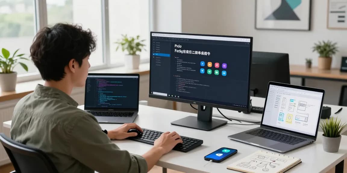 Developer coding 纸飞机中文版 interface in a modern workspace.