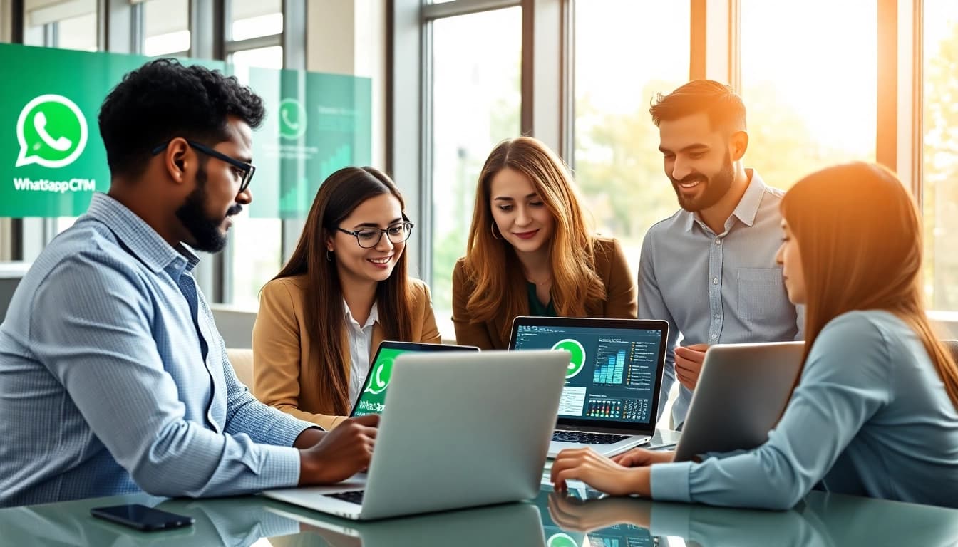 Understand What is a CRM for WhatsApp through a business team collaborating over CRM software.