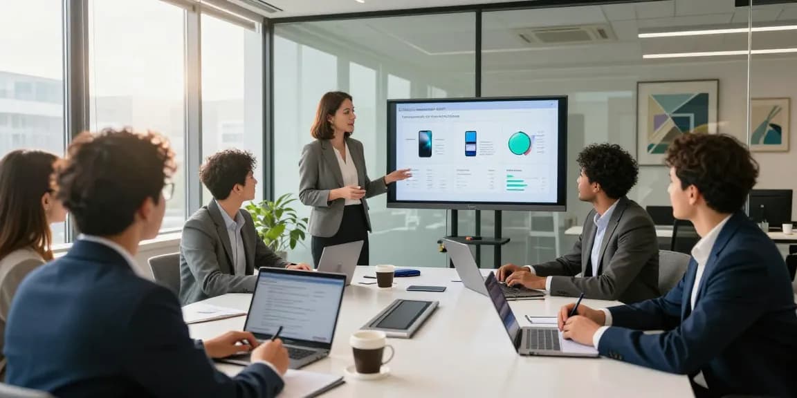 Team collaborating on corporate mobile plans UK in a modern office setting with diverse professionals.
