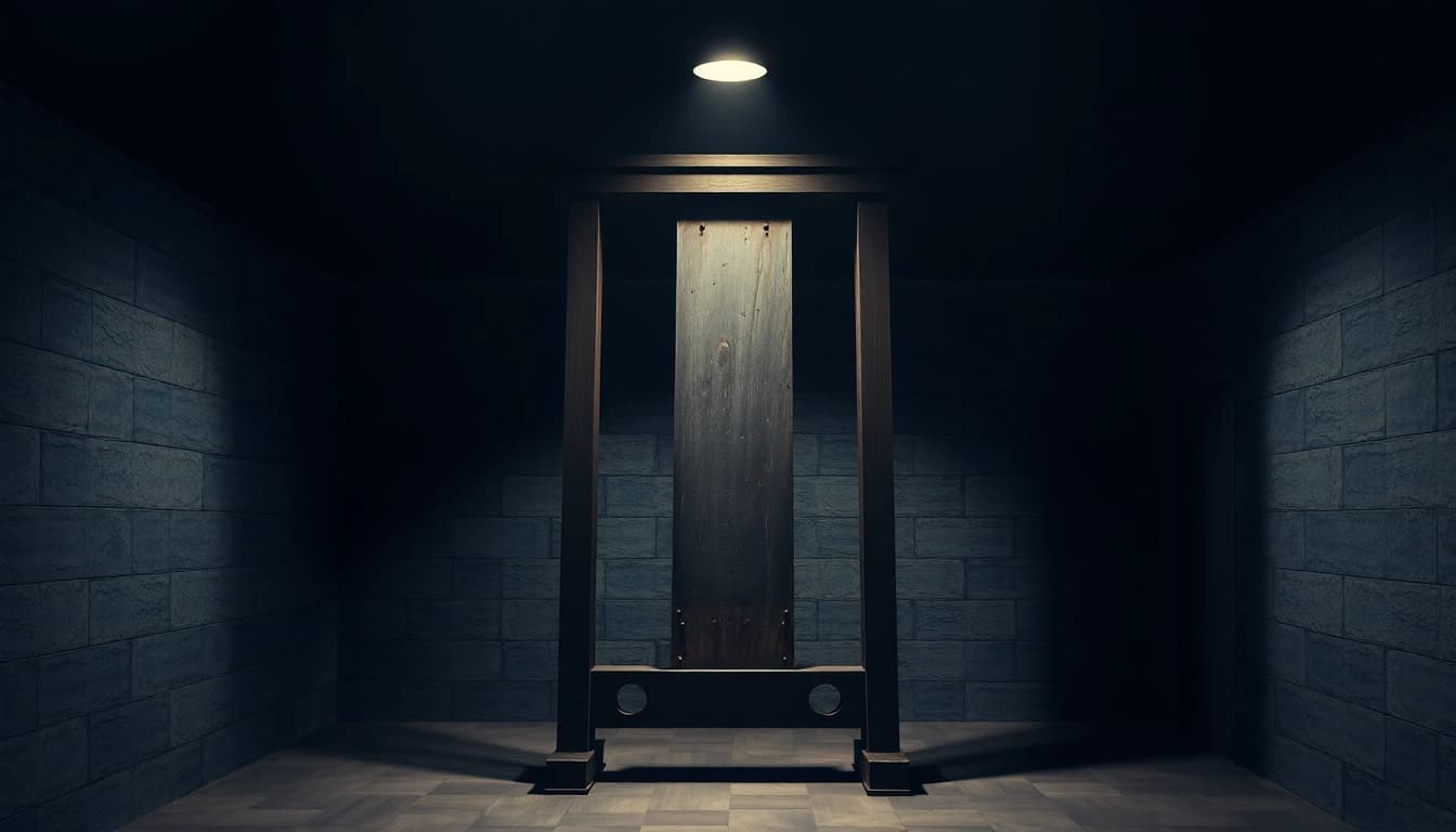 Explore the guillotine origin phrase and its historical significance through a striking image of a guillotine.