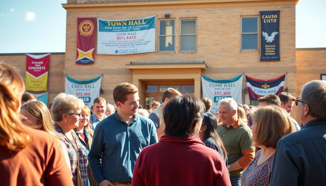 Engage with local news and events at https://chadronradio.com/ showcasing community members in a town meeting.