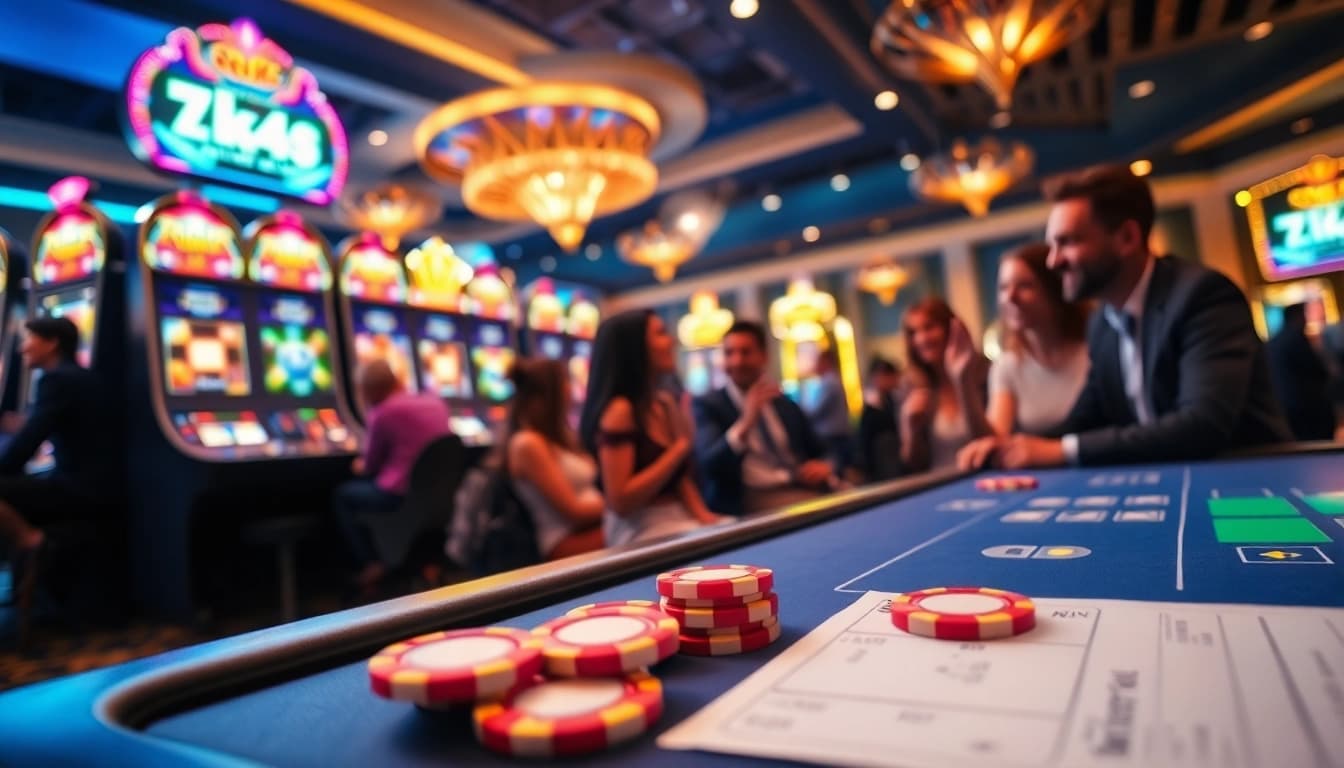 Rasakan sensasi slot depo 5k dengan visual kasino yang hidup dan pemain yang sedang meraih kemenangan.