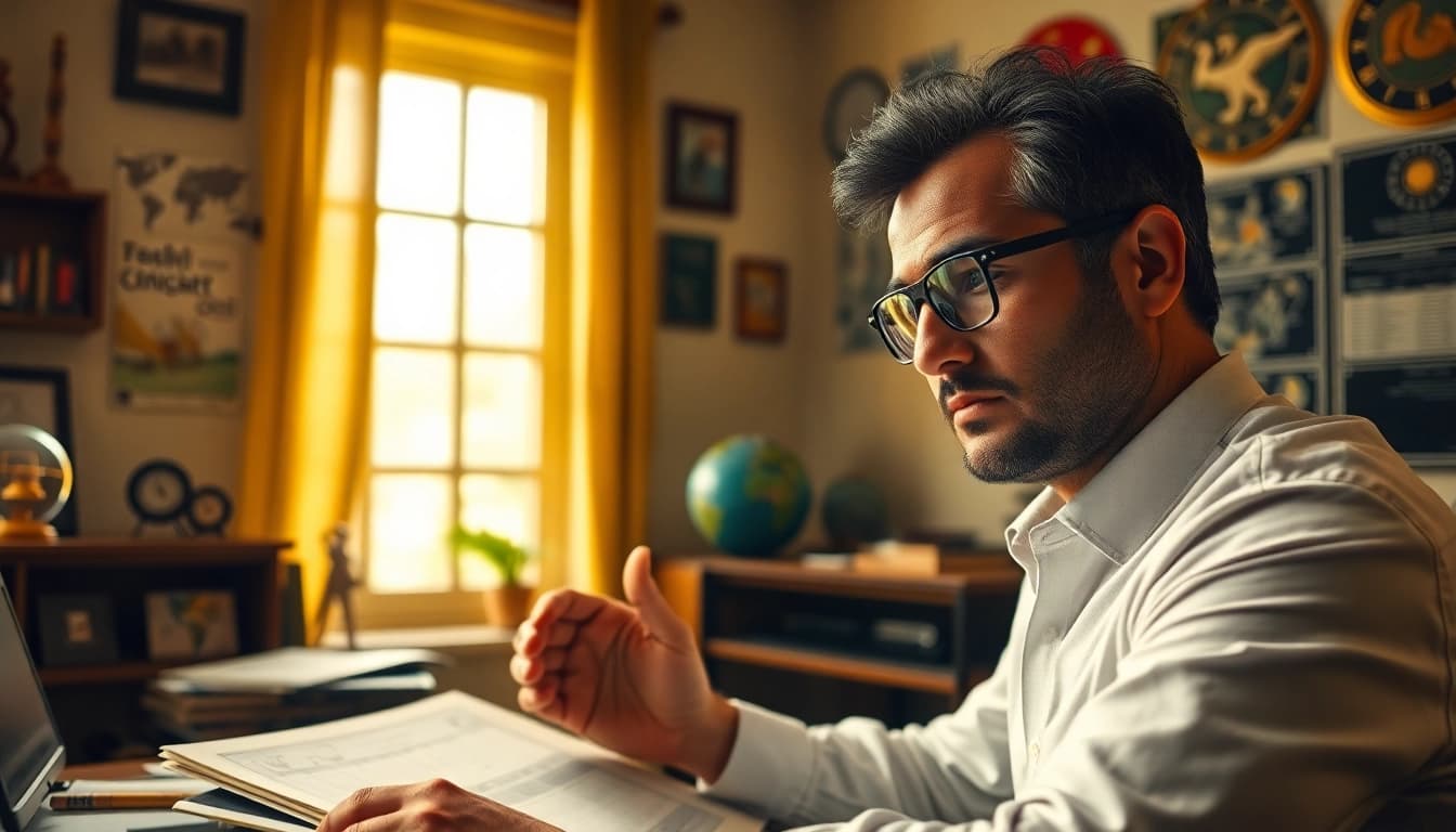 Astrologer making an insightful astro ipl prediction while analyzing charts and cricket symbols.